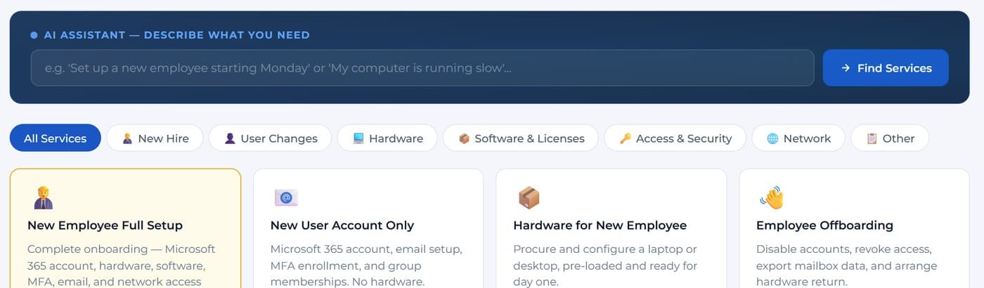 Drevni client portal AI assistant: describe what you need in plain words and it routes you to the right service